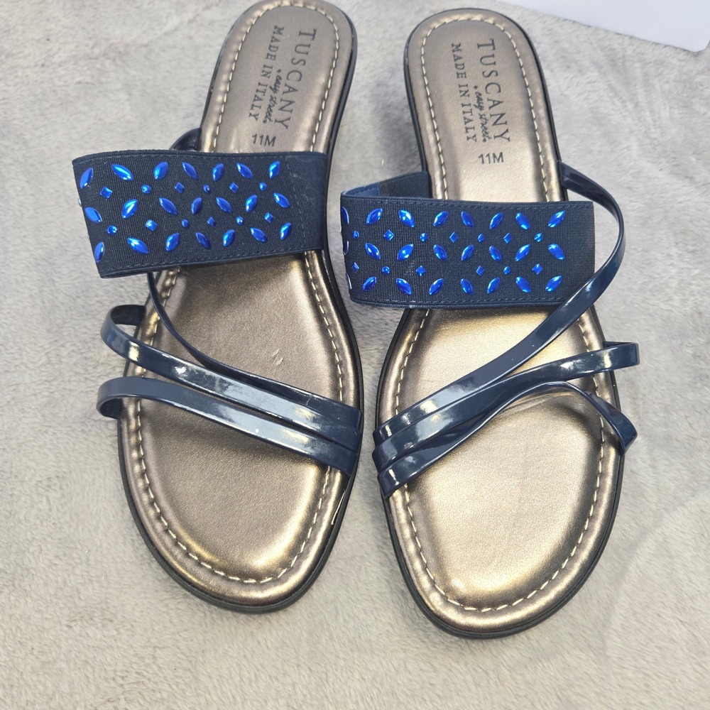 Tuscany by Easy Street Navy Blue Crystal Wedge Sandals Womens 11M Made in Italy